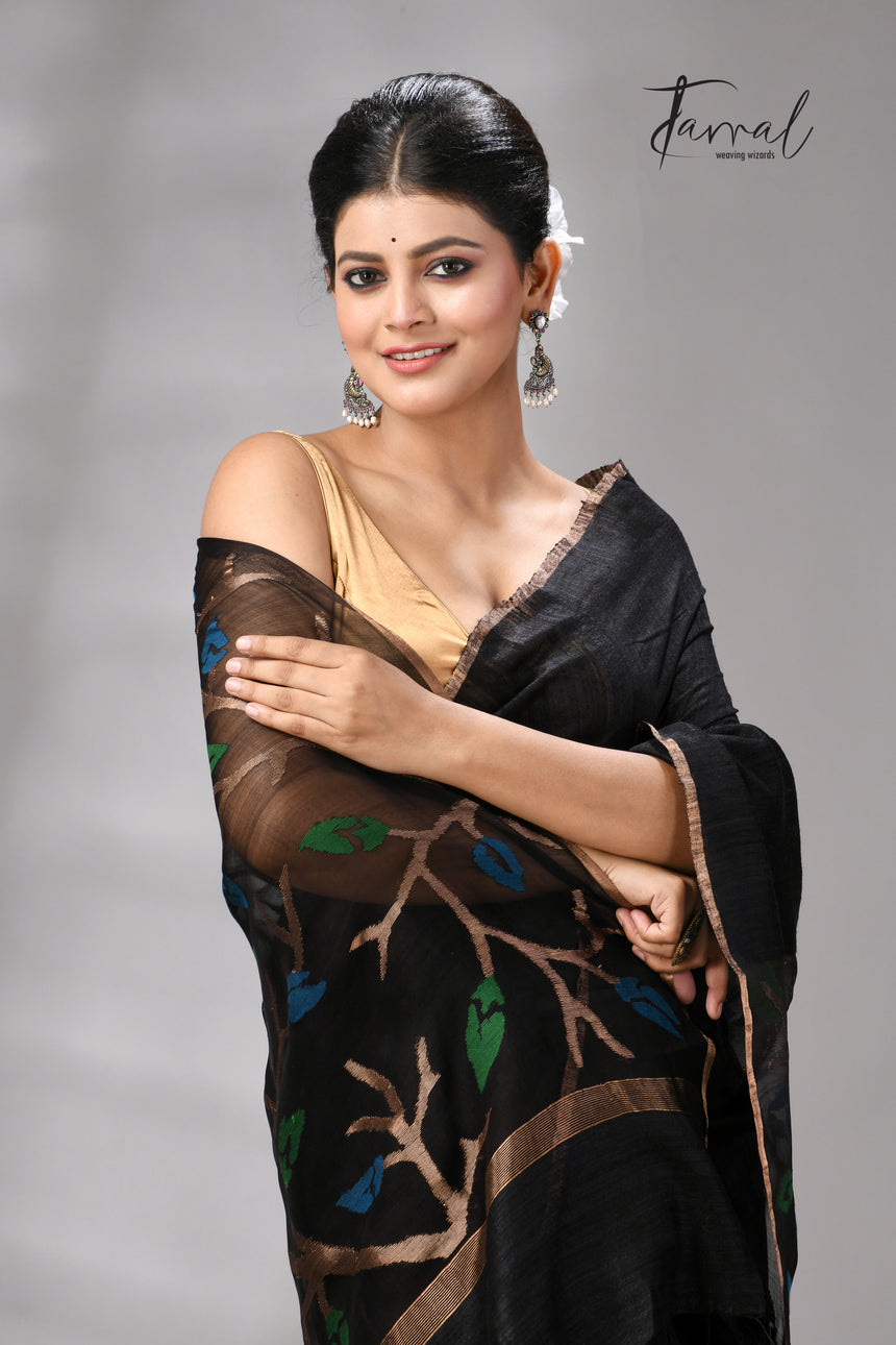 Black With Golden Zari Border Matka Silk Handwoven Jamdani Saree