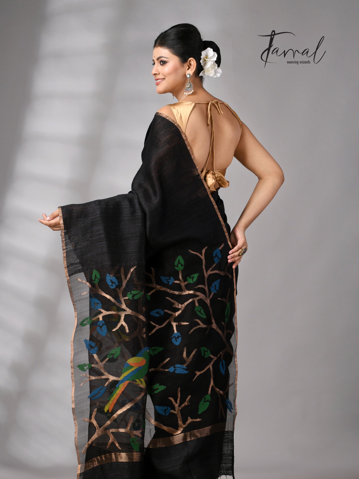Black with golden Zari border matka silk handwoven jamdani saree