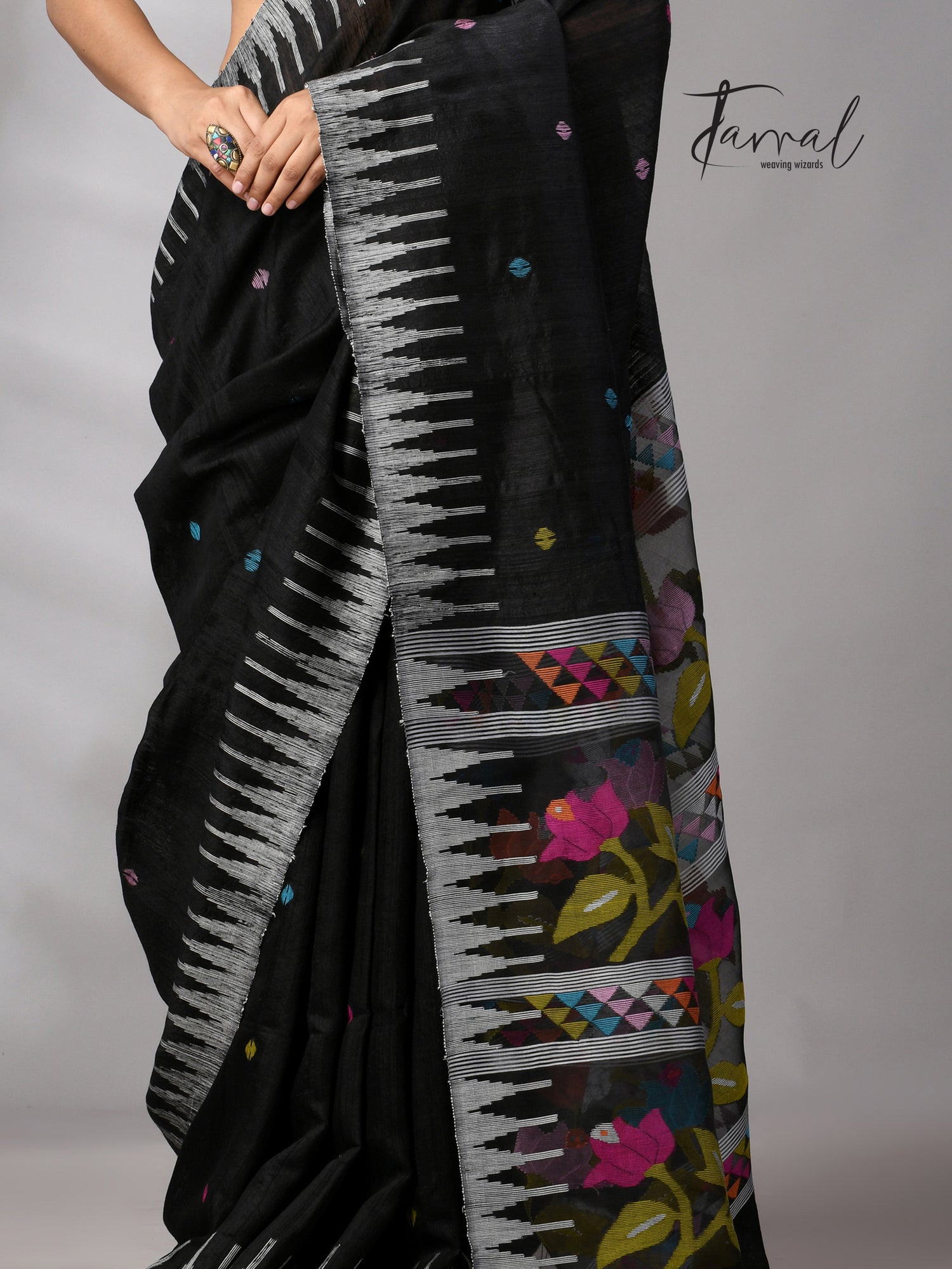 Black matka silk Moirangphee handwoven jamdani saree