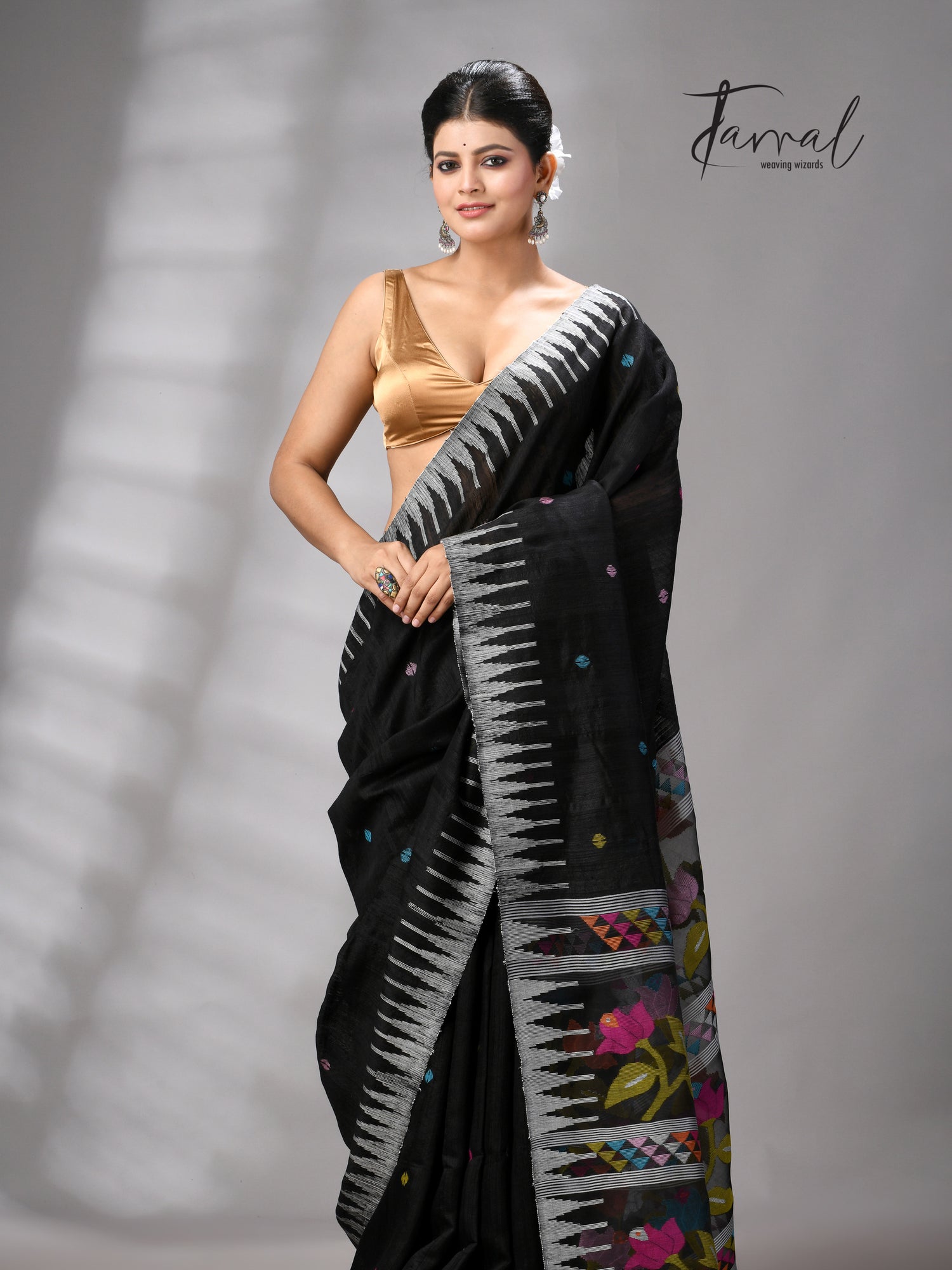 Black matka silk Moirangphee handwoven jamdani saree