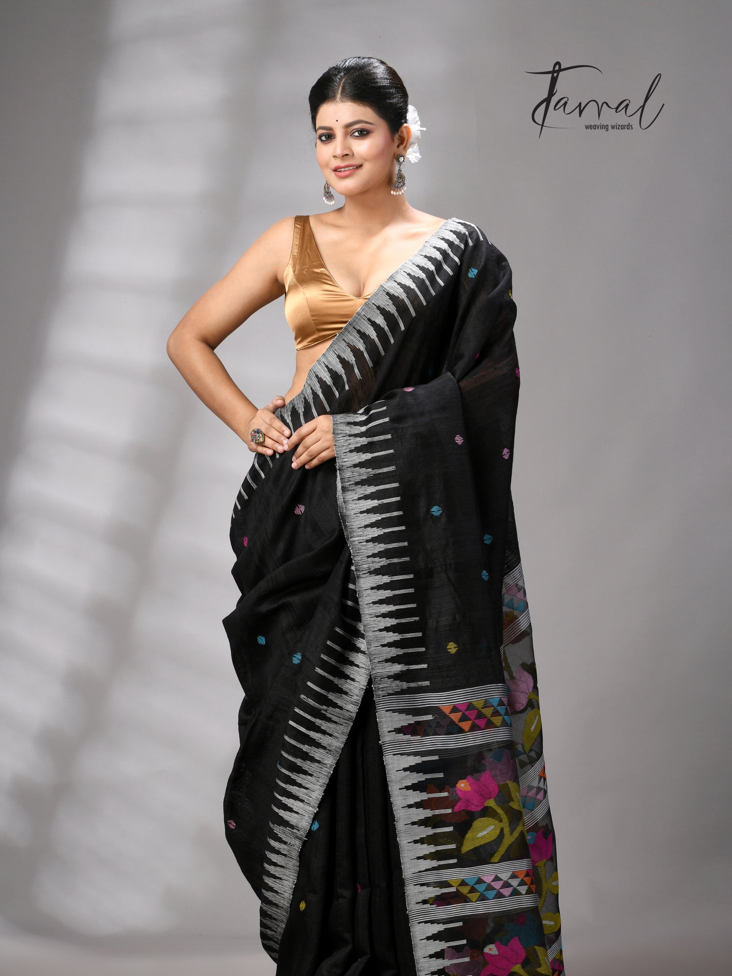 Black matka silk Moirangphee handwoven jamdani saree