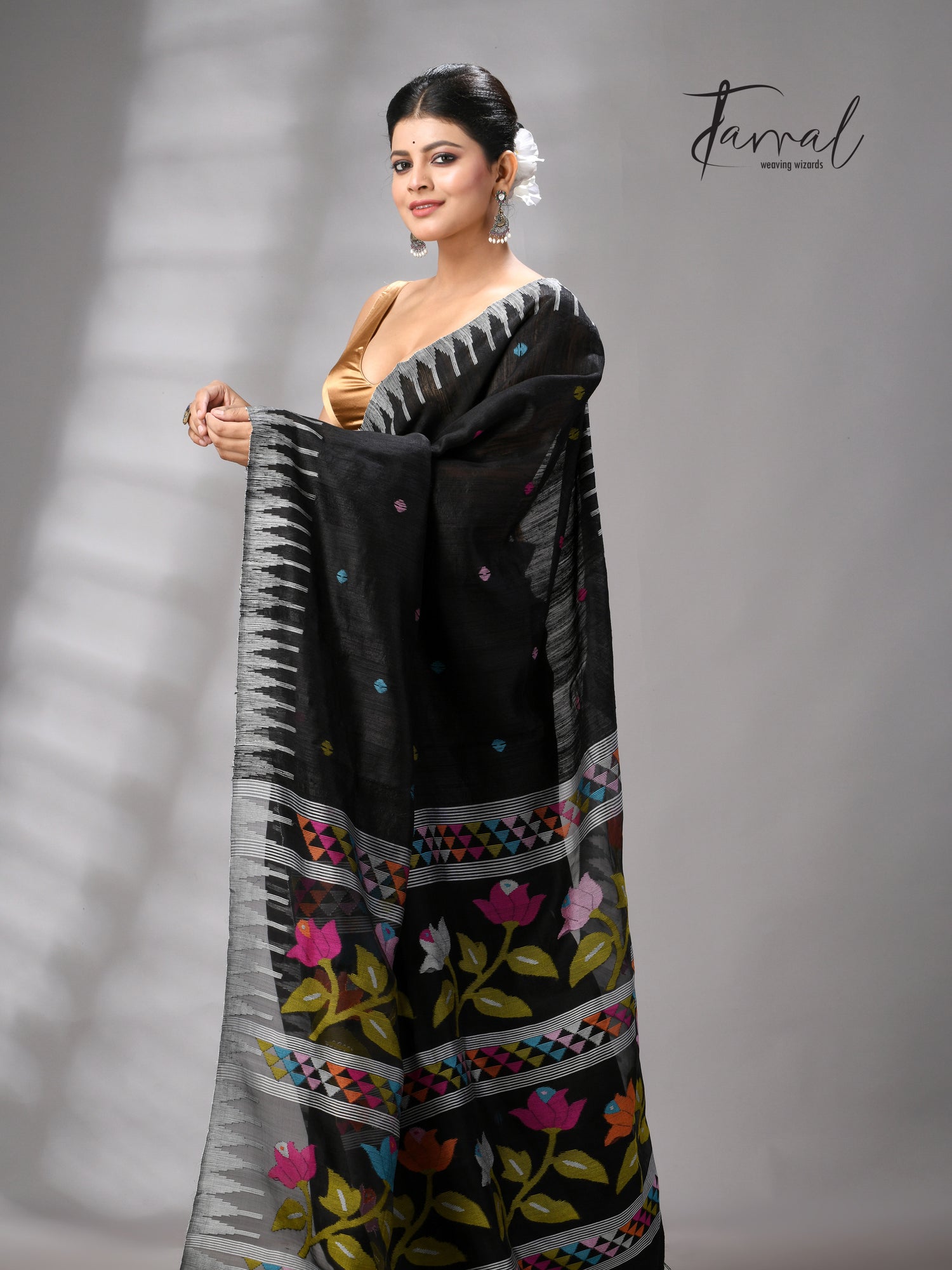 Black matka silk Moirangphee handwoven jamdani saree
