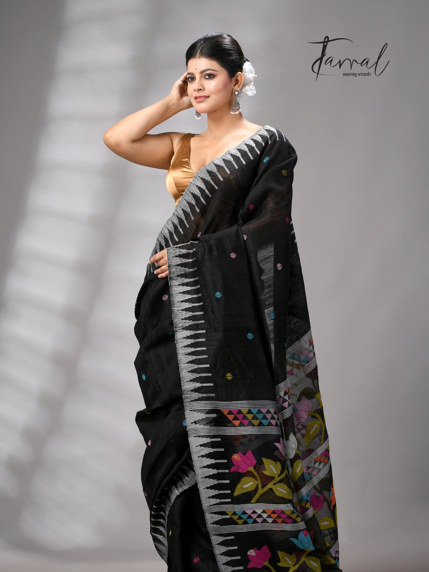 Black matka silk Moirangphee handwoven jamdani saree