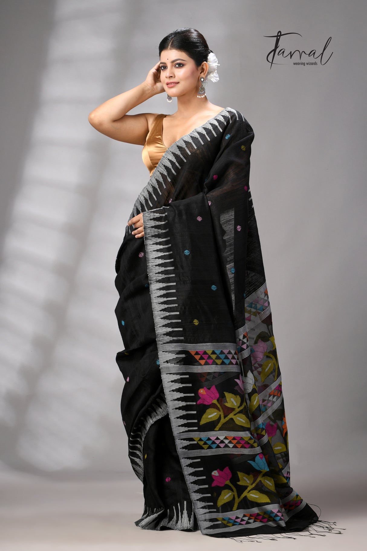 Black Matka Silk Moirangphee Handwoven Jamdani Saree