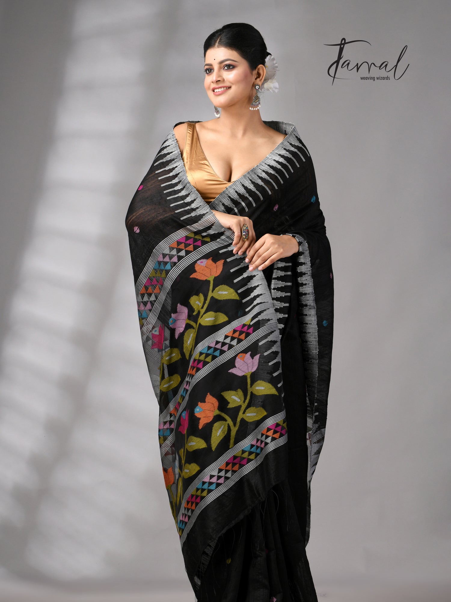 Black matka silk Moirangphee handwoven jamdani saree