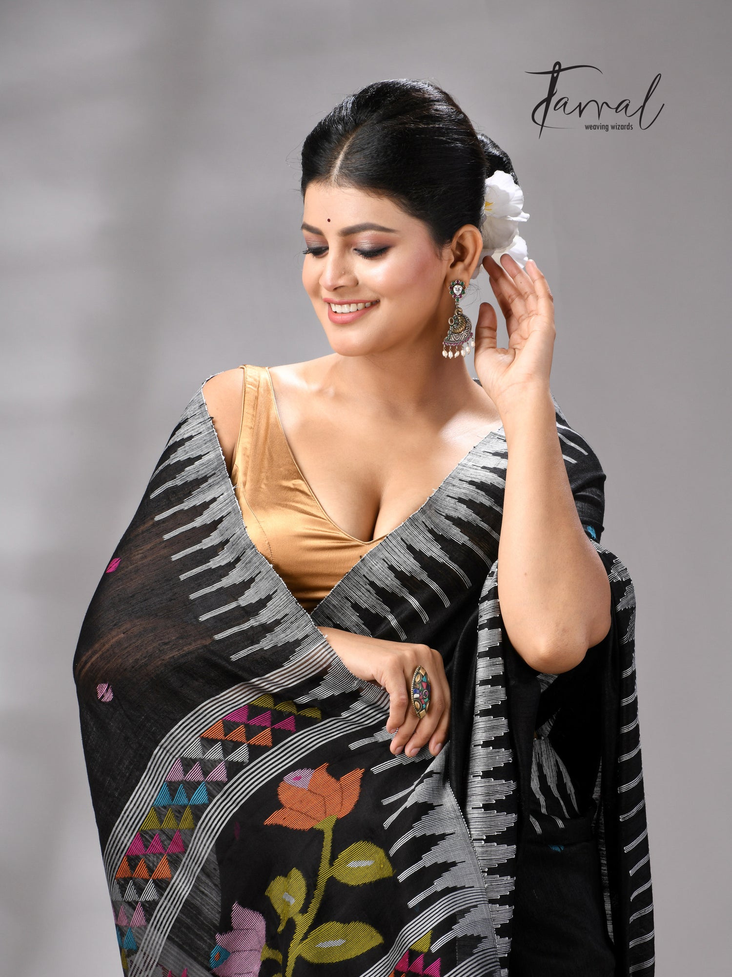 Black matka silk Moirangphee handwoven jamdani saree