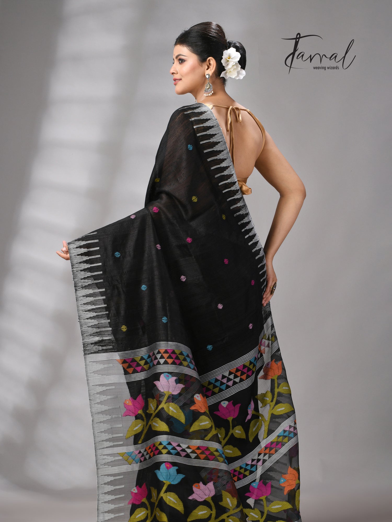 Black matka silk Moirangphee handwoven jamdani saree
