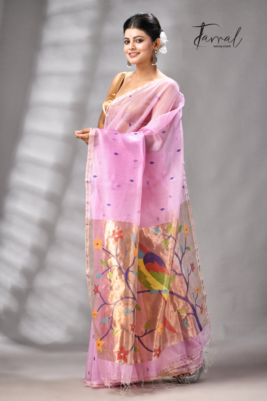 Pink with golden Zari pathani handwoven jamdani saree