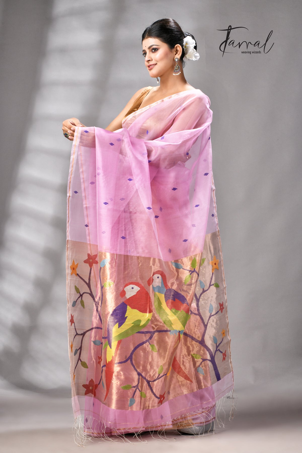 Pink with golden Zari pathani handwoven jamdani saree