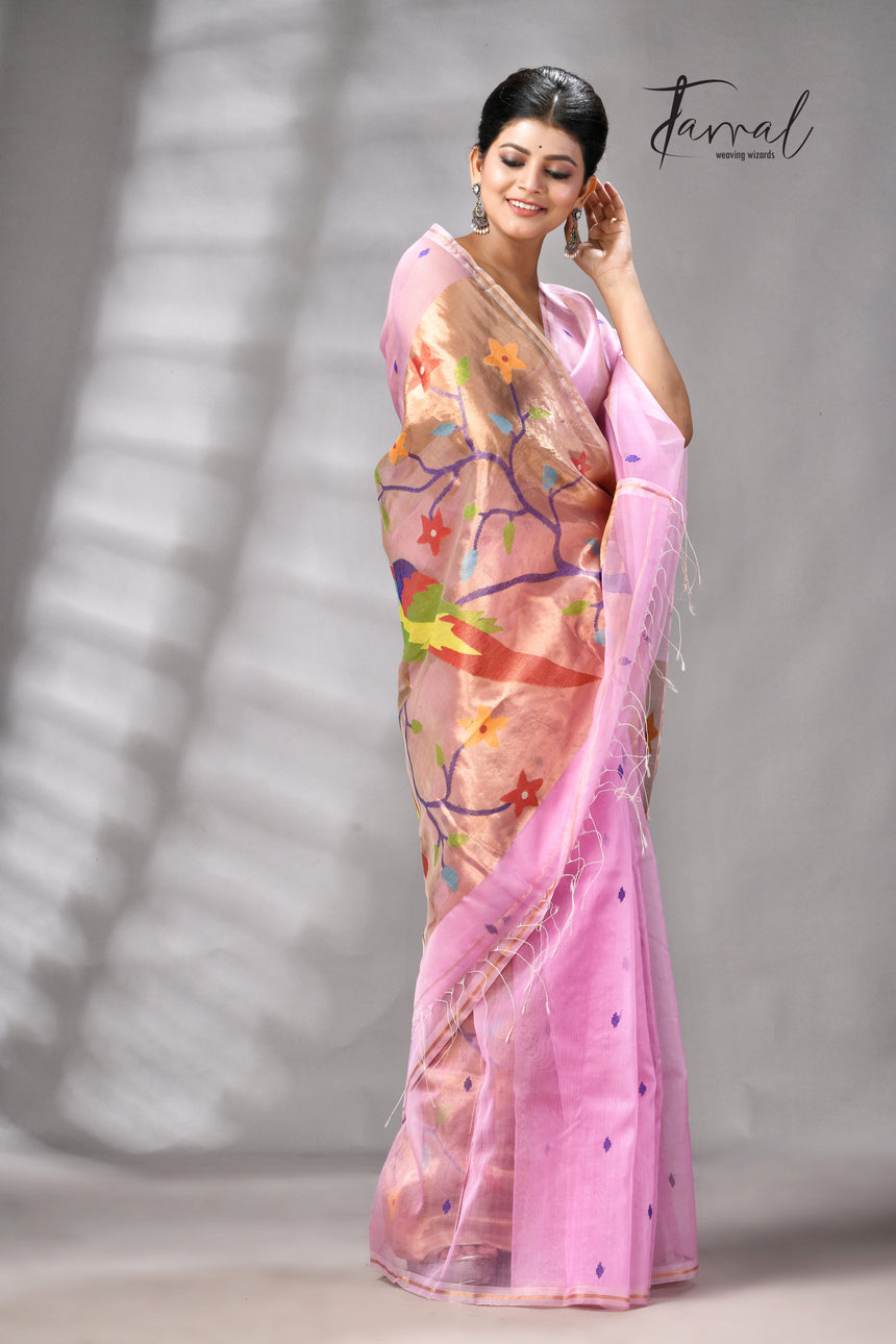 Pink with golden Zari pathani handwoven jamdani saree