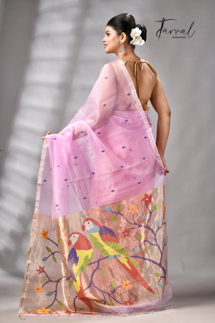 Pink with golden Zari pathani handwoven jamdani saree