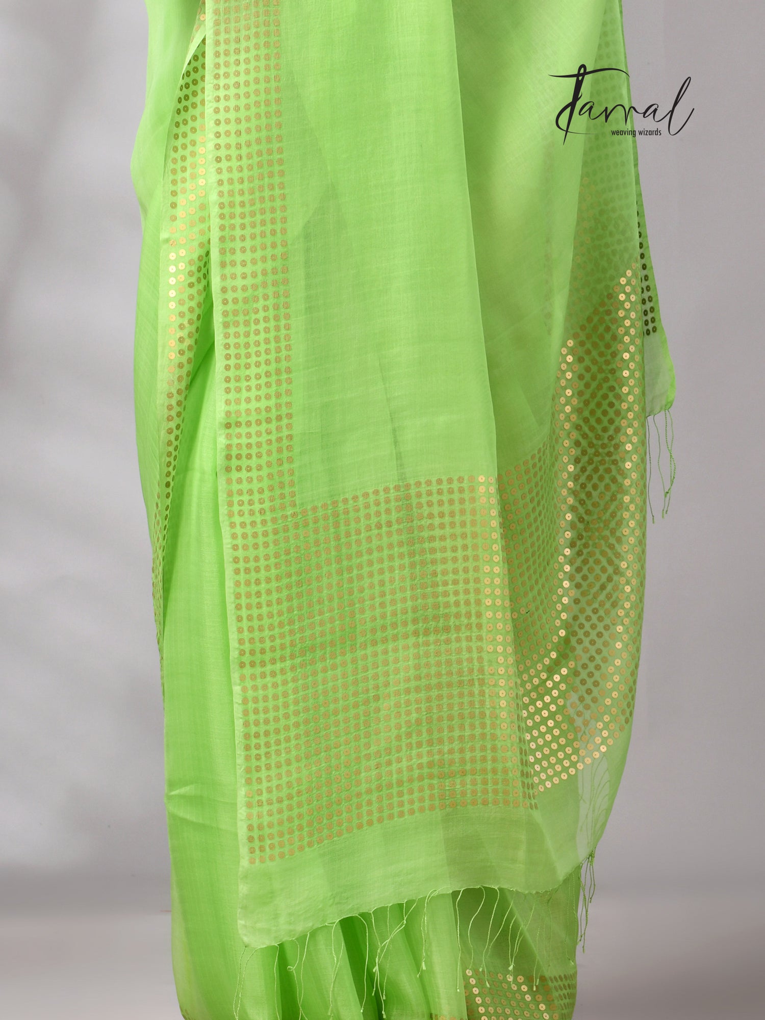 Light Green Tusser & tissue sequins mulberry silk handloom jamdani saree