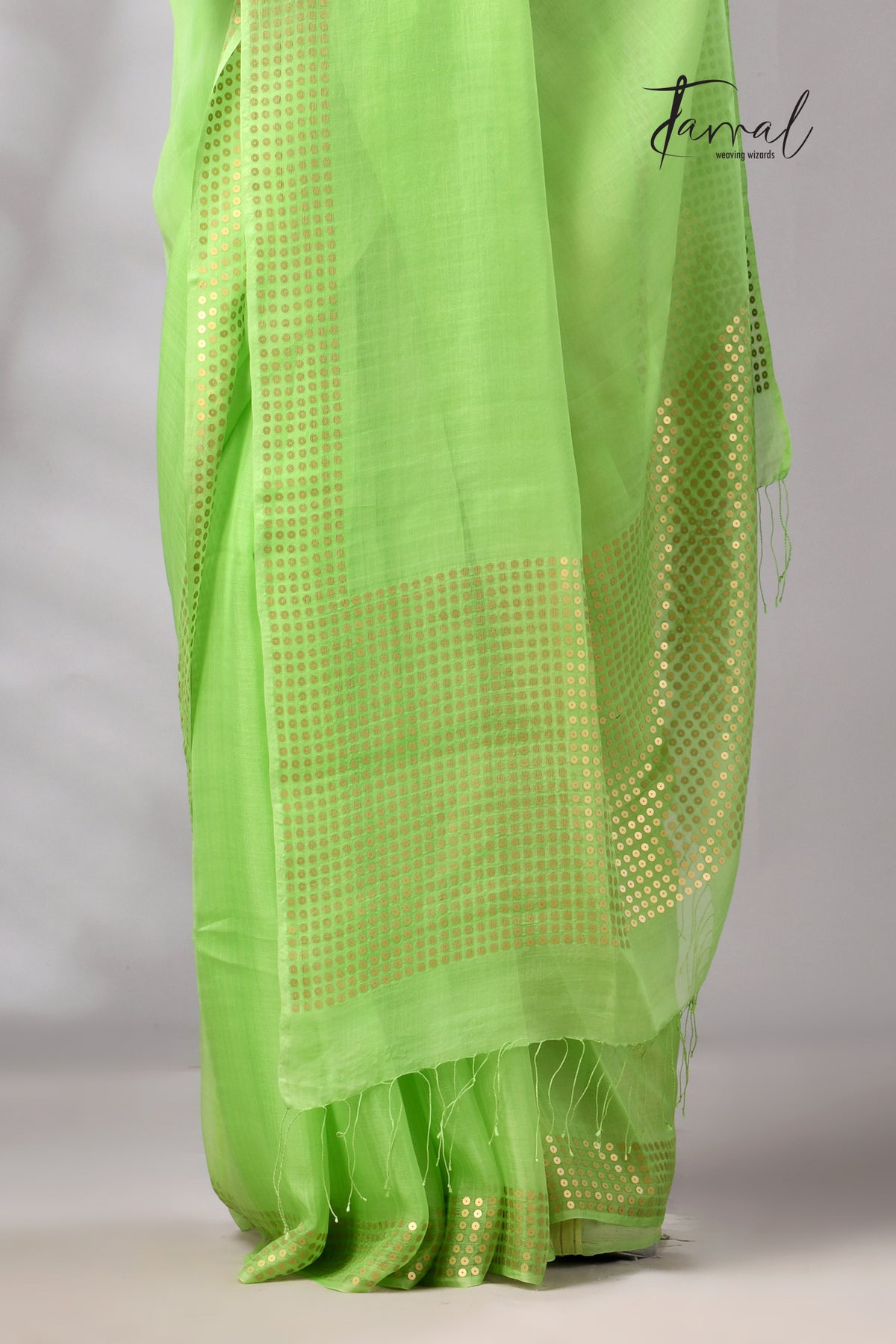 Light Green With Golden Sequins Handwoven Muslin Silk Saree