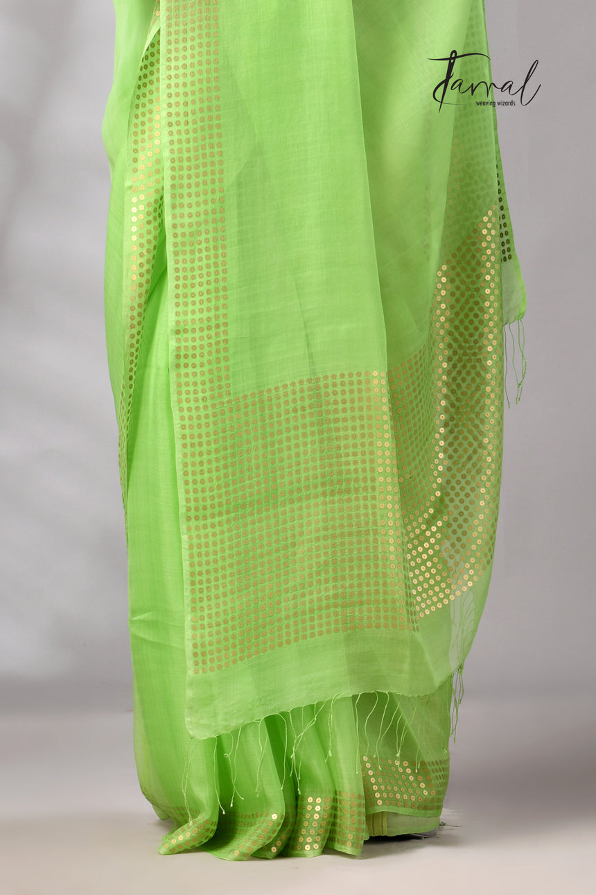 Light Green Tusser & tissue sequins mulberry silk handloom jamdani saree