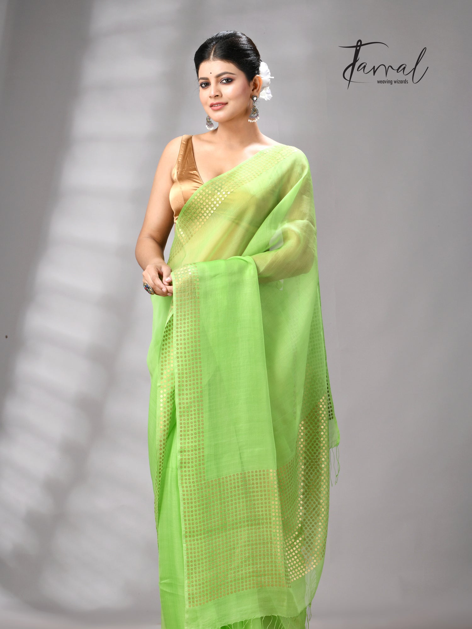 Light Green Tusser & tissue sequins mulberry silk handloom jamdani saree
