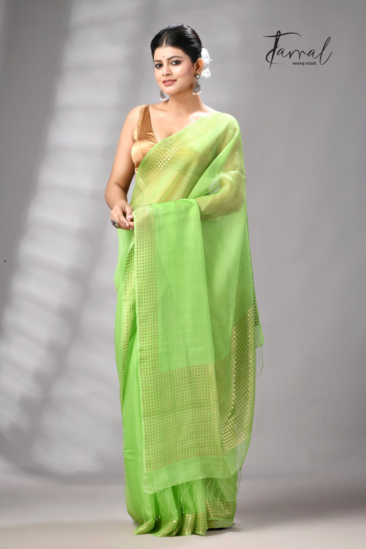 Light Green With Golden Sequins Handwoven Muslin Silk Saree