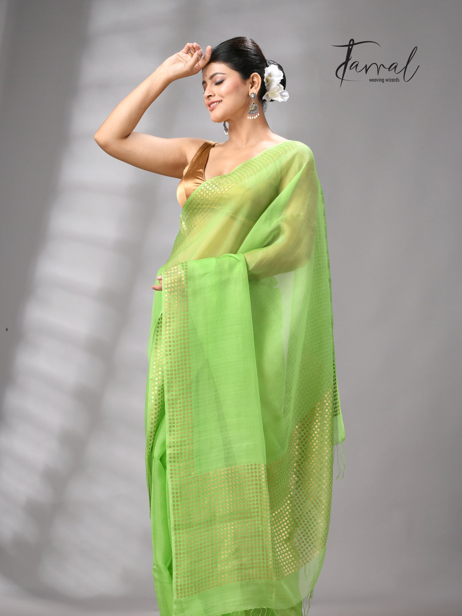 Light Green Tusser & tissue sequins mulberry silk handloom jamdani saree