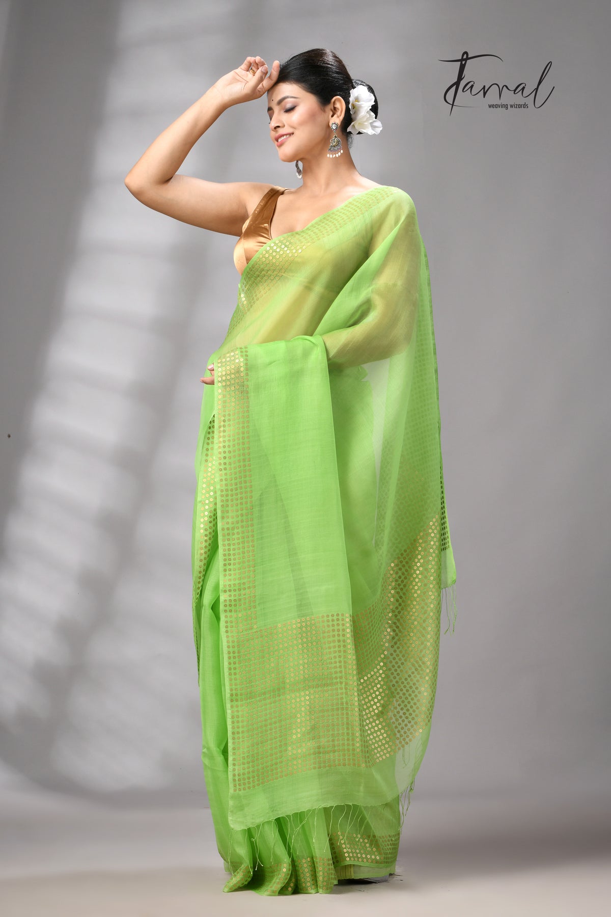 Light Green With Golden Sequins Handwoven Muslin Silk Saree
