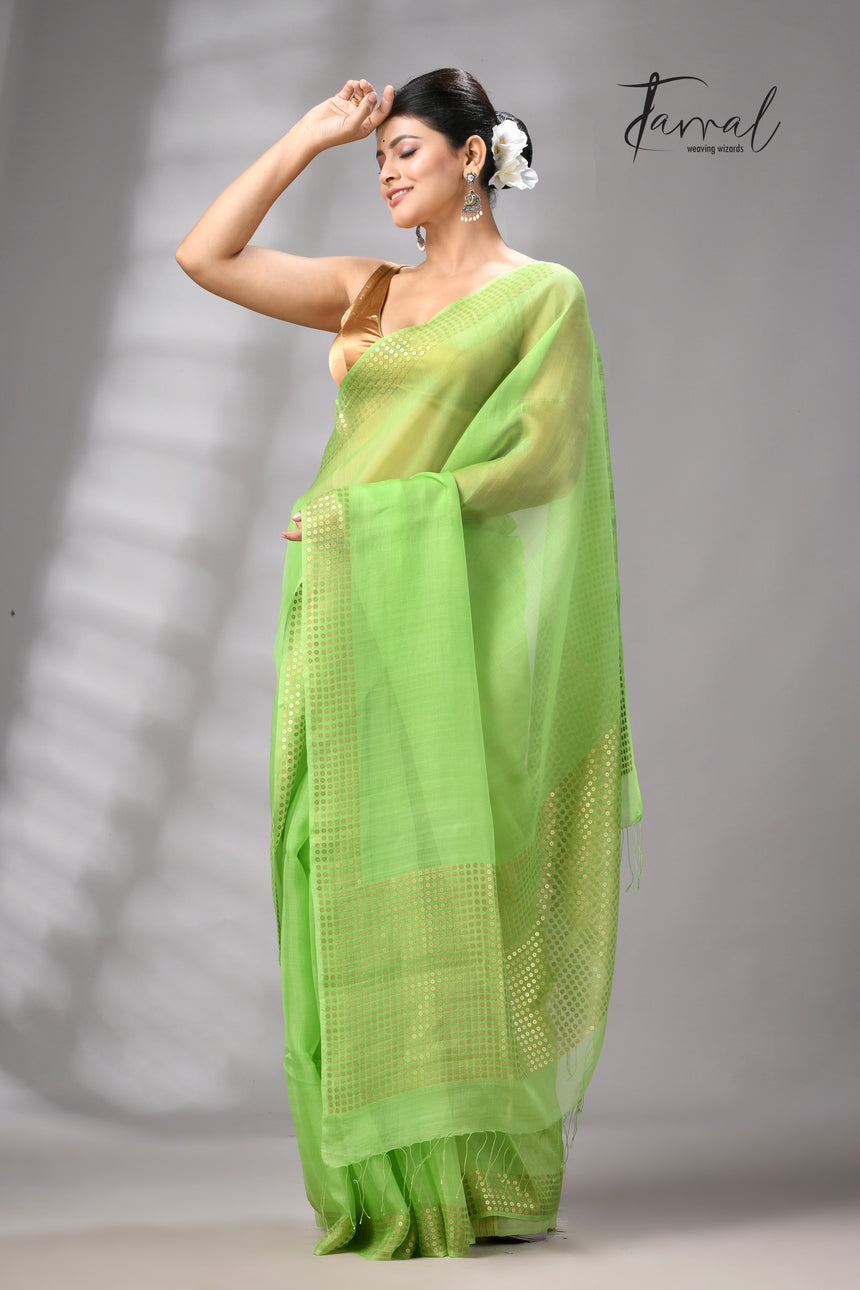 Light Green Tusser & tissue sequins mulberry silk handloom jamdani saree
