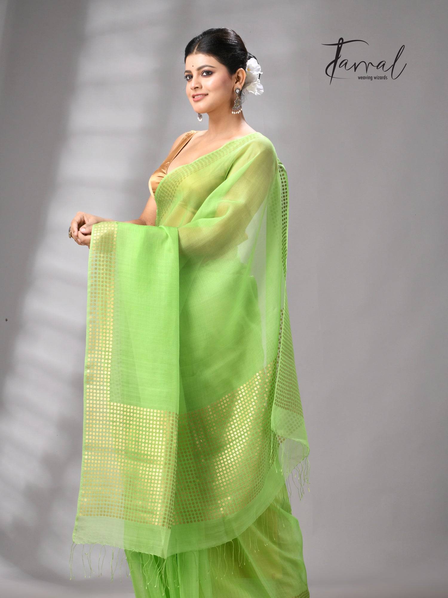 Light Green Tusser & tissue sequins mulberry silk handloom jamdani saree