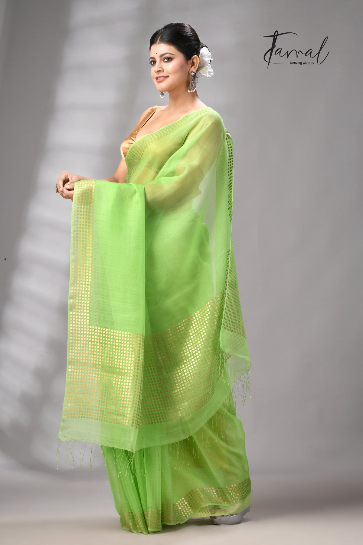 Light Green With Golden Sequins Handwoven Muslin Silk Saree