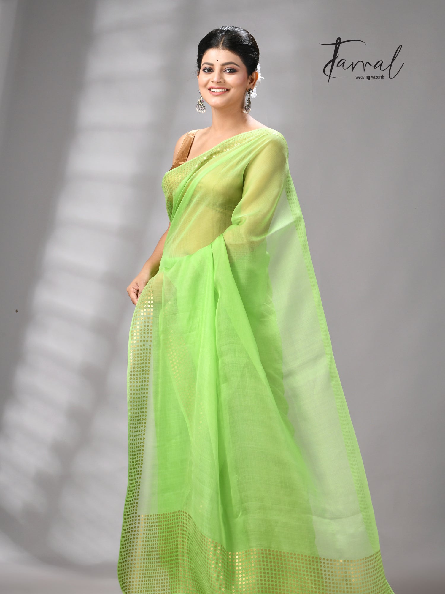 Light Green Tusser & tissue sequins mulberry silk handloom jamdani saree