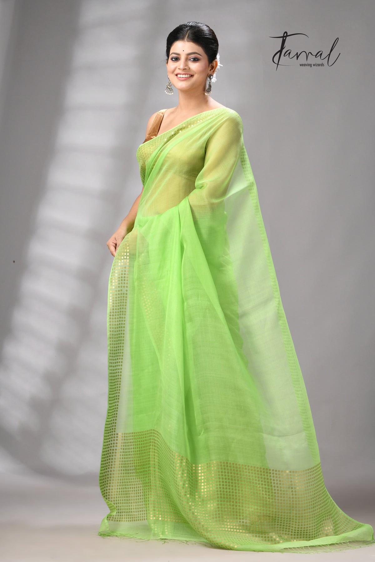 Light Green With Golden Sequins Handwoven Muslin Silk Saree