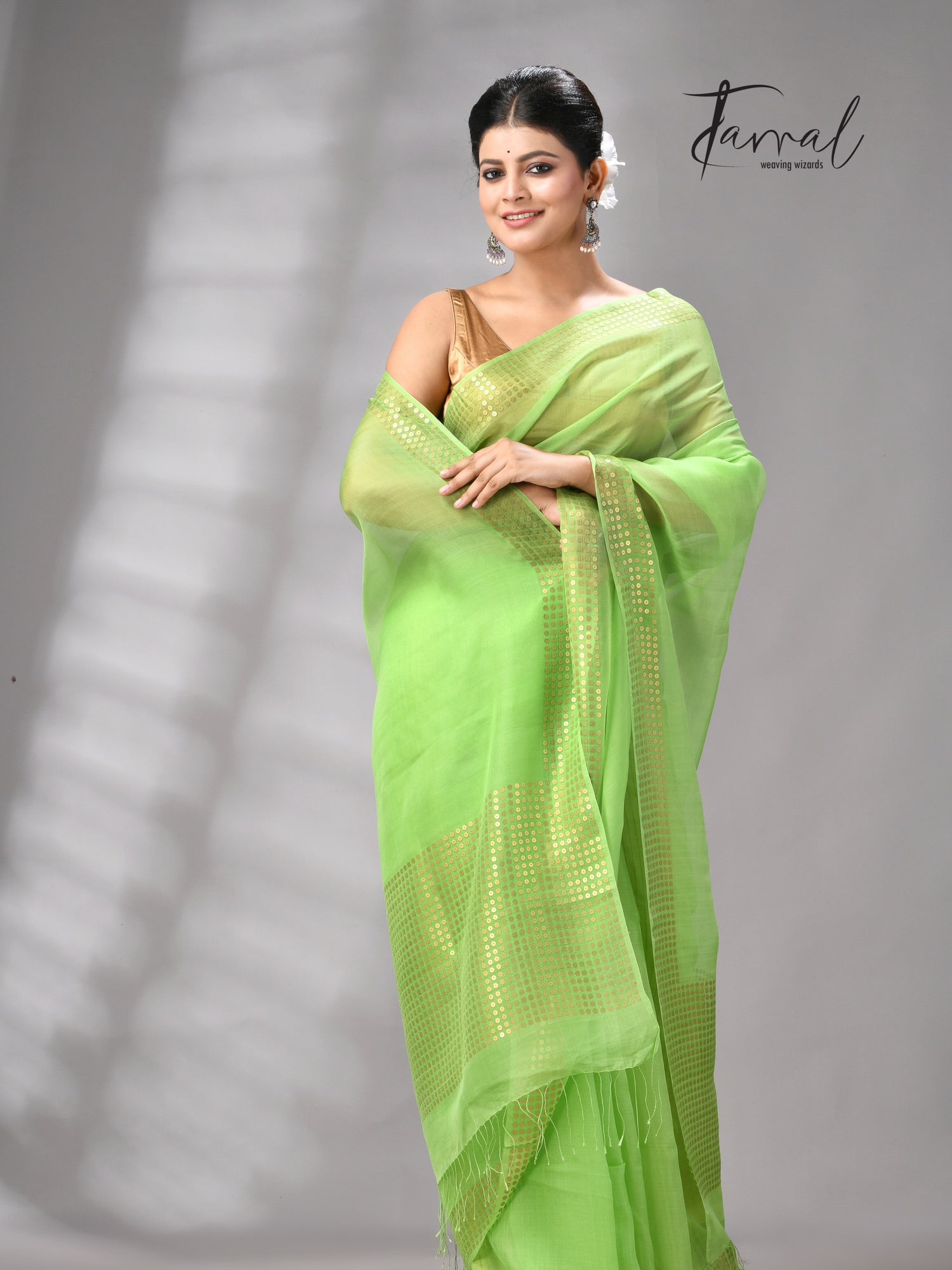 Light Green Tusser & tissue sequins mulberry silk handloom jamdani saree