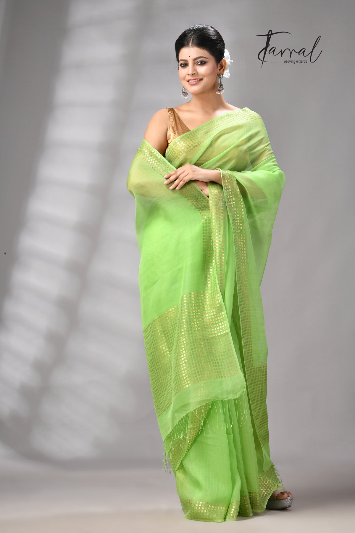 Light Green With Golden Sequins Handwoven Muslin Silk Saree