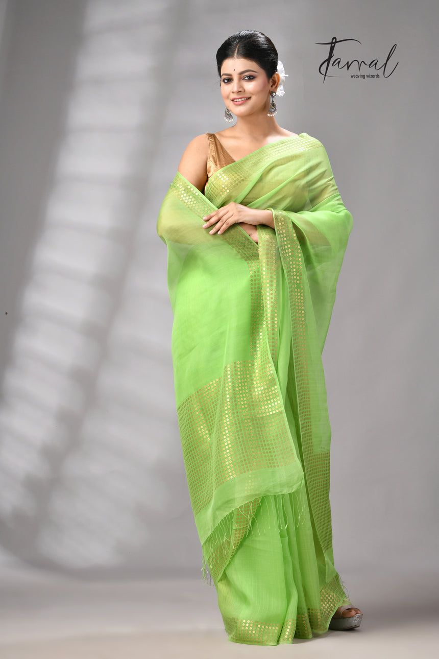 Light Green Tusser & tissue sequins mulberry silk handloom jamdani saree