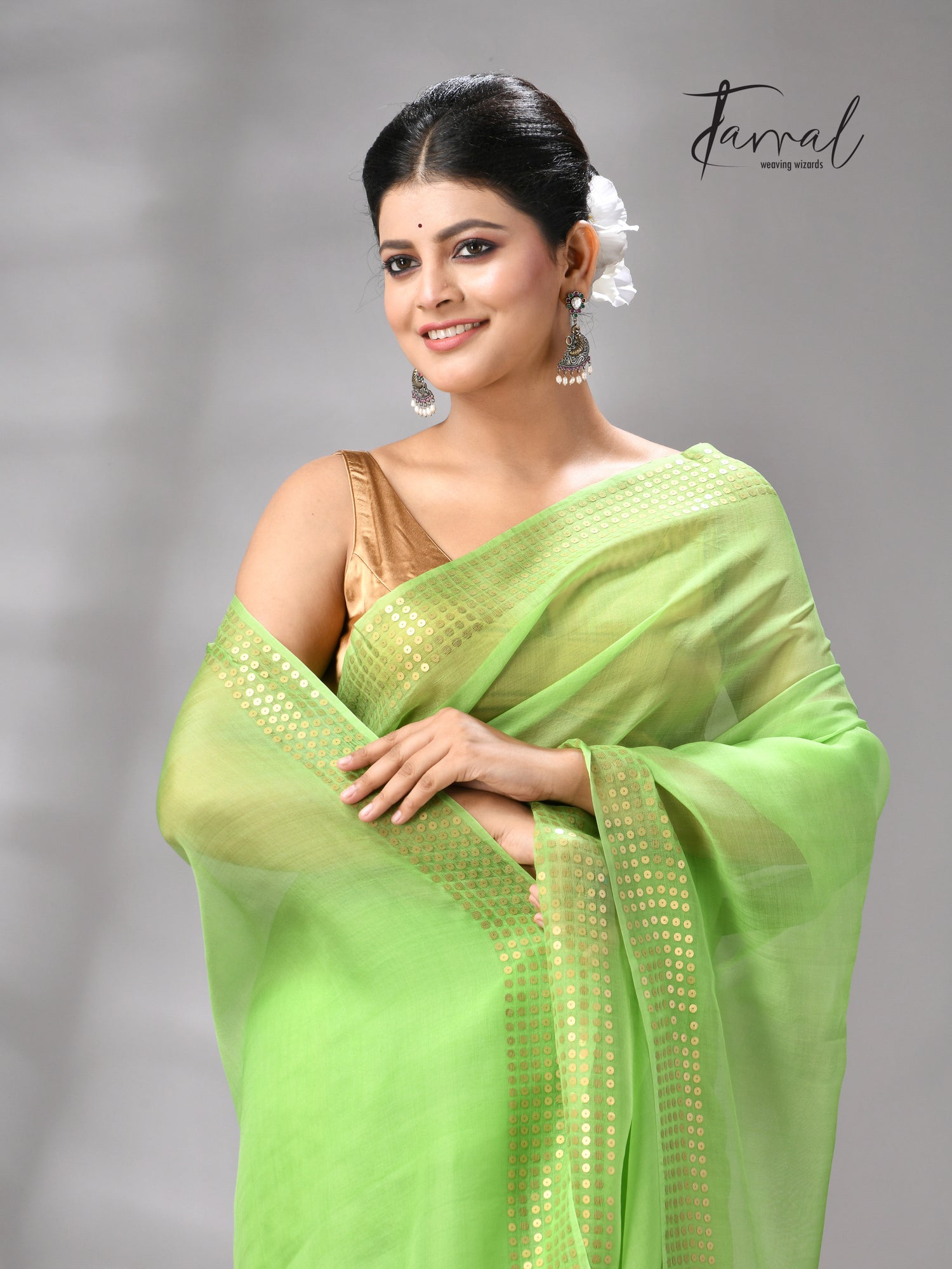 Light Green Tusser & tissue sequins mulberry silk handloom jamdani saree