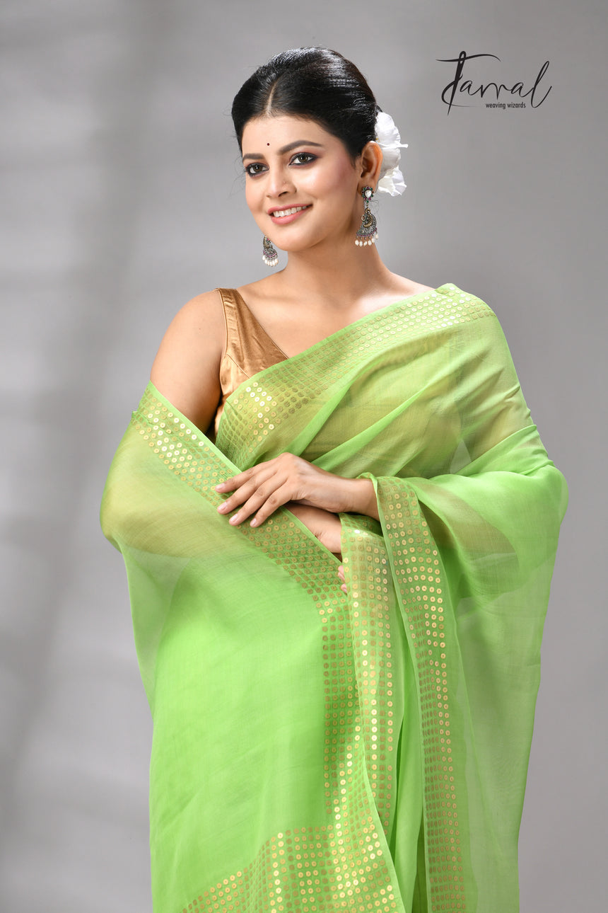 Light Green Tusser & tissue sequins mulberry silk handloom jamdani saree