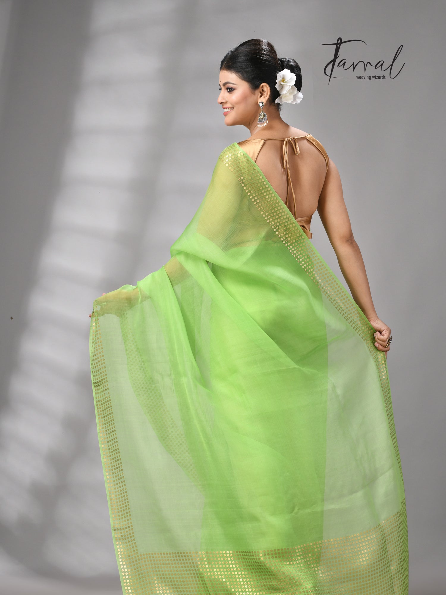 Light Green Tusser & tissue sequins mulberry silk handloom jamdani saree