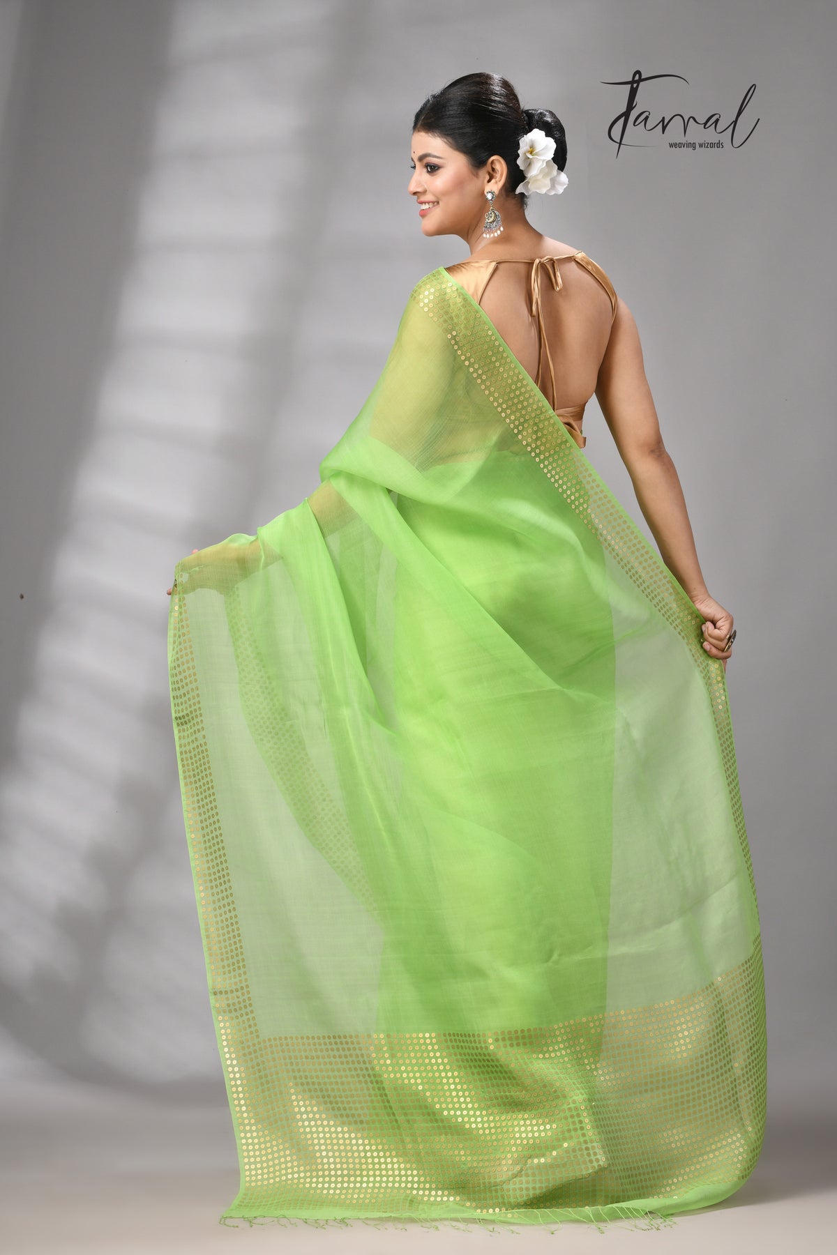 Light Green With Golden Sequins Handwoven Muslin Silk Saree