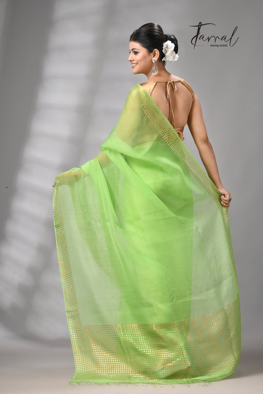 Light Green Tusser & tissue sequins mulberry silk handloom jamdani saree