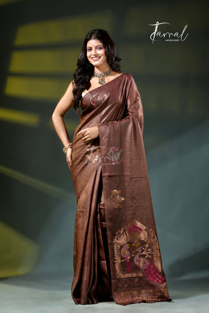 Chocolate brown with golden zari work tussar silk handloom jamdani saree