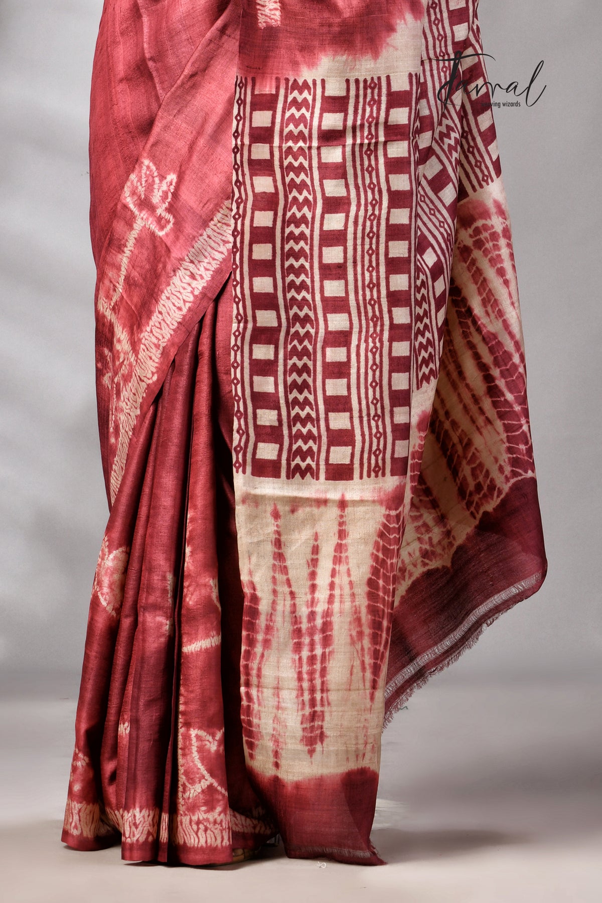 Rust Colour Pure Tussar Silk Shibori Handloom Saree