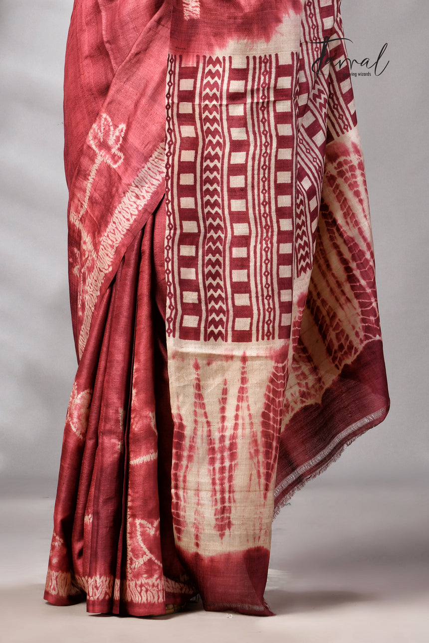 Rust Colour Pure Tussar Silk Shibori Handloom Saree