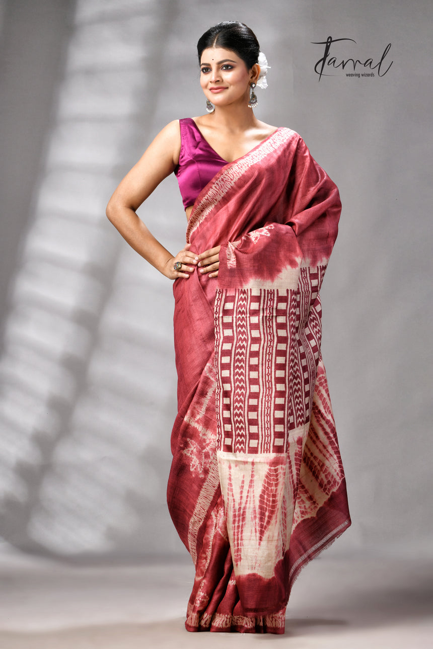 Rust Colour Pure Tussar Silk Shibori Handloom Saree