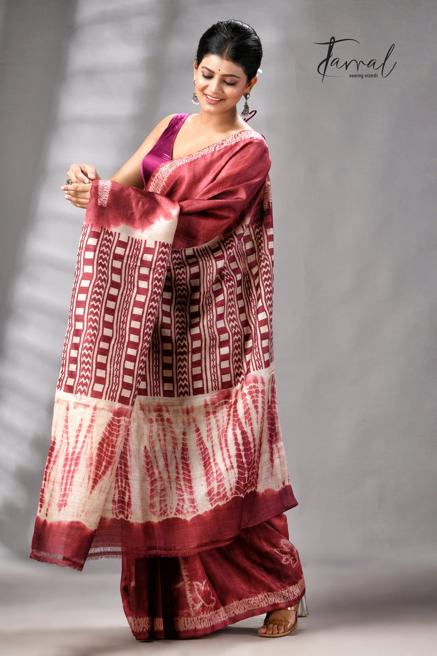Rust Colour Pure Tussar Silk Shibori Handloom Saree