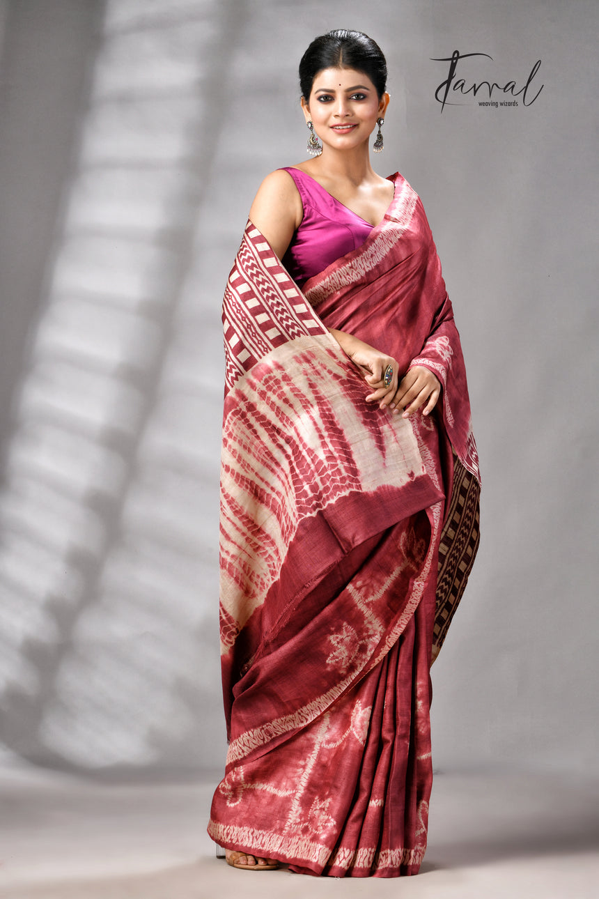 Rust Colour Pure Tussar Silk Shibori Handloom Saree