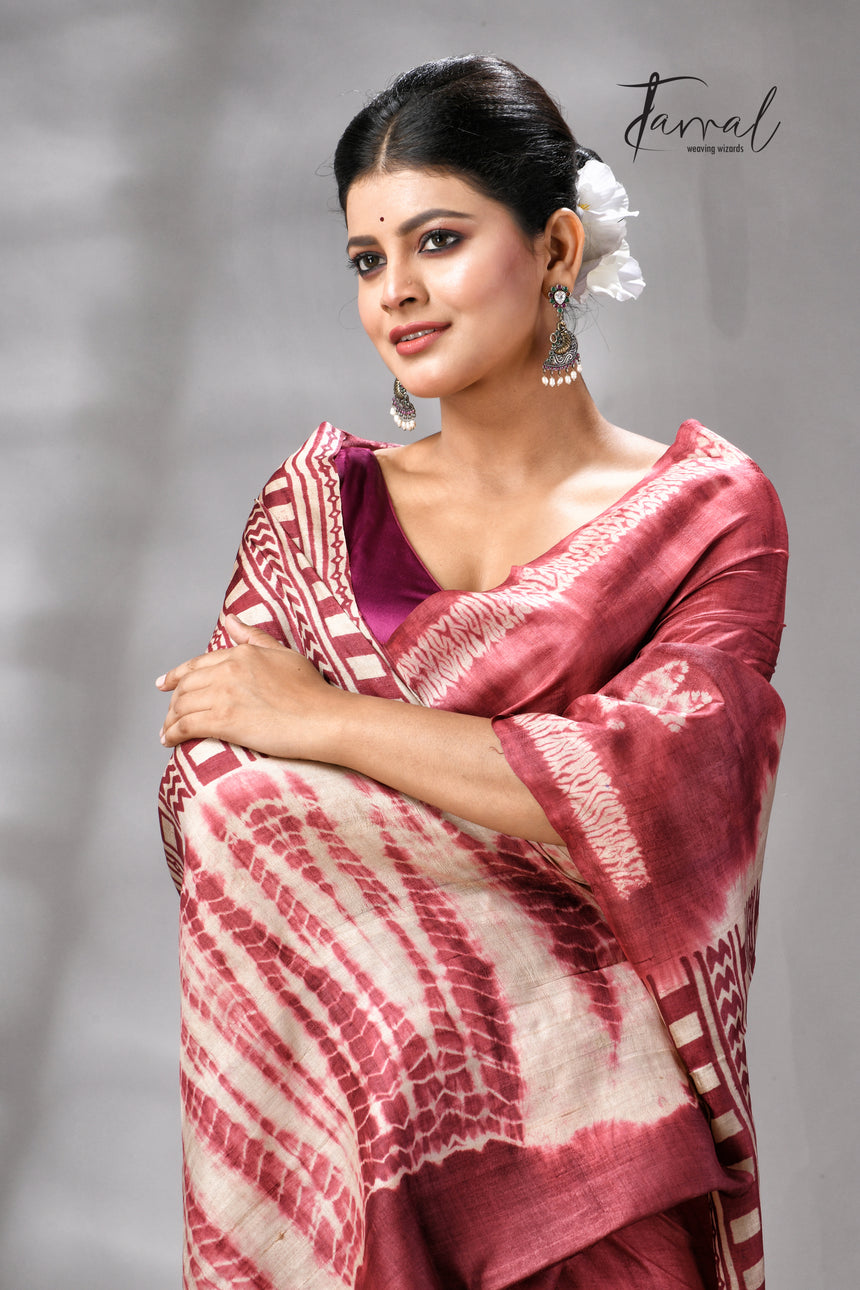 Rust Colour Pure Tussar Silk Shibori Handloom Saree