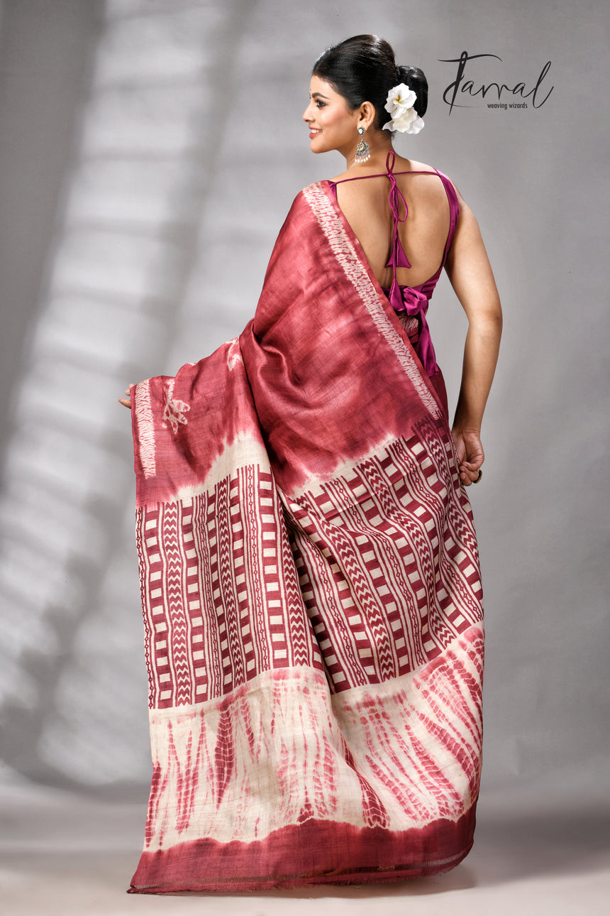 Rust Colour Pure Tussar Silk Shibori Handloom Saree