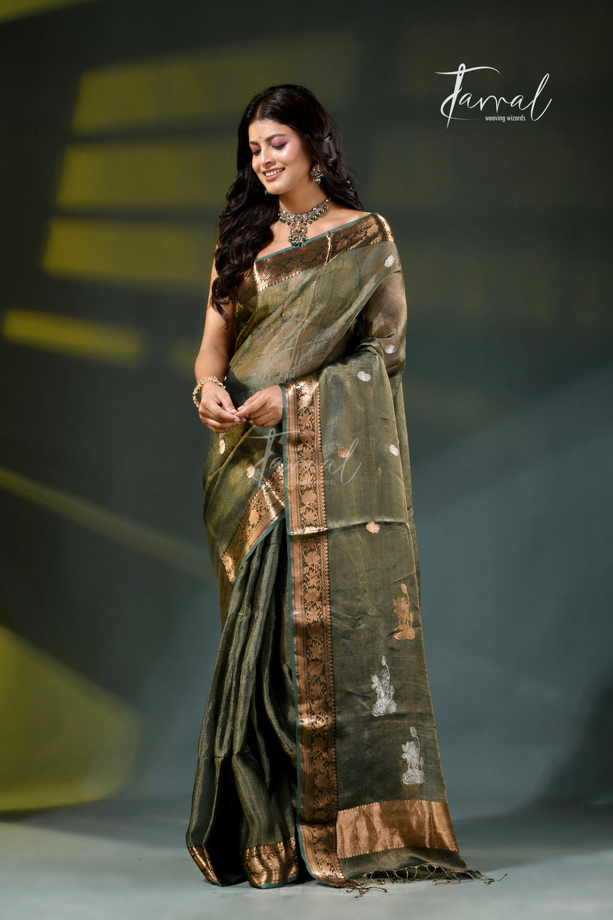 Olive green with gold tissue banarasi handloom silk saree
