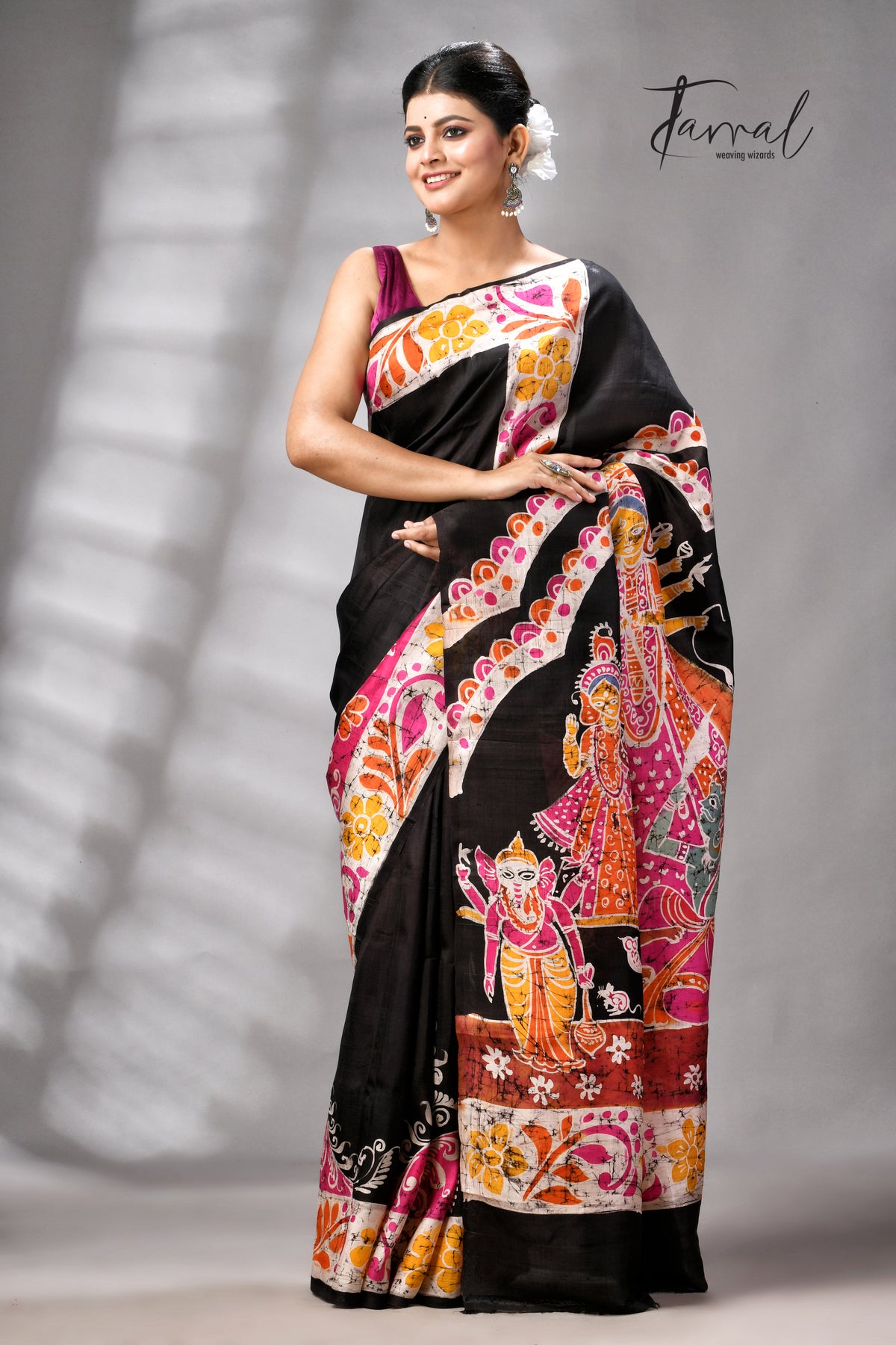 Black Handcrafted Wax Batik Maa Durga Theme Pure Silk Saree