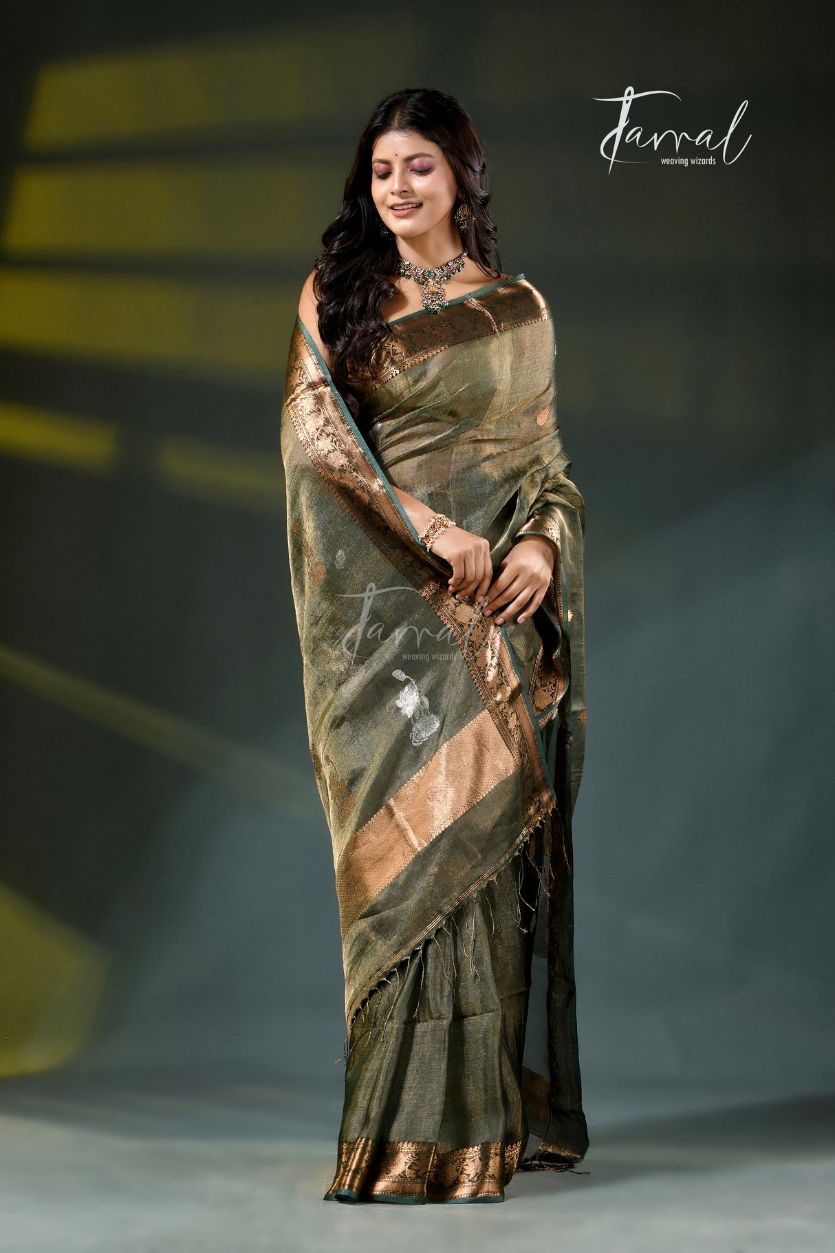 Alive green with golden zari border pure tissue muslin silk handloom jamdani saree