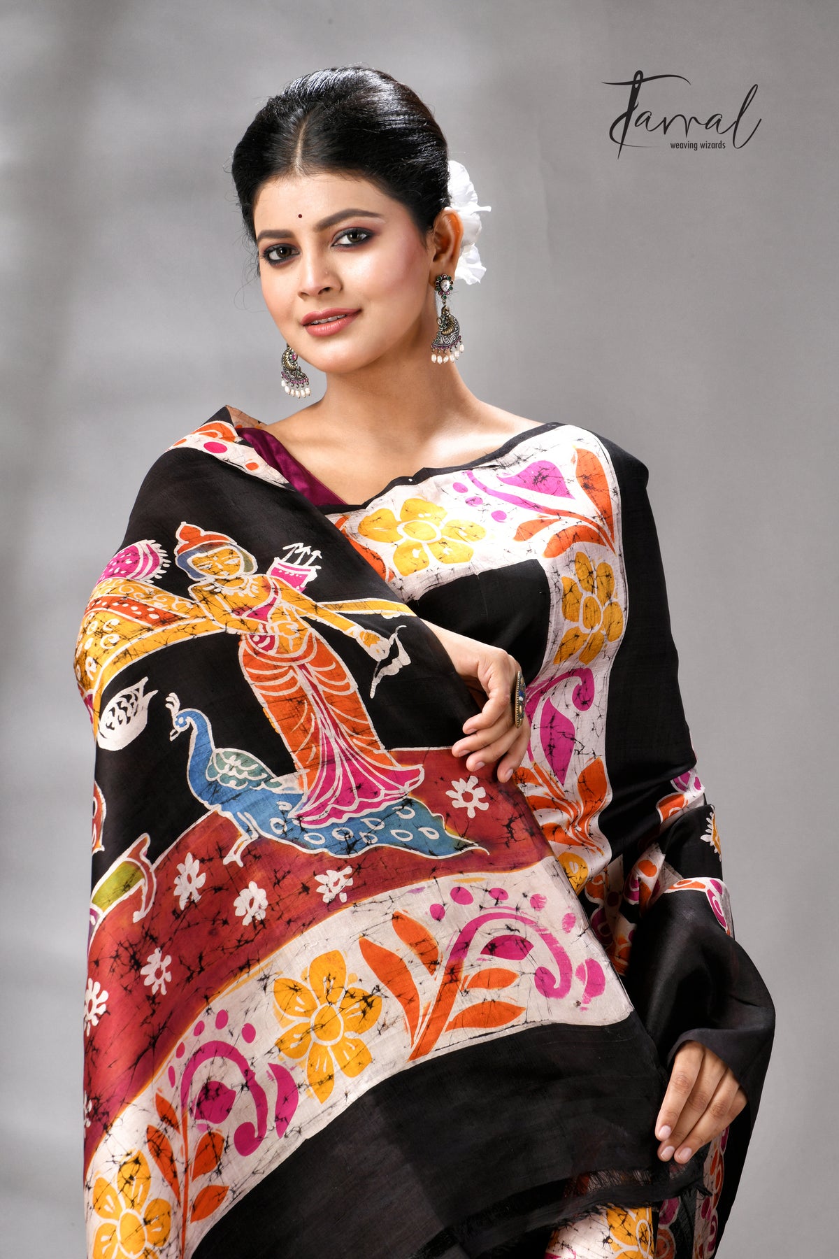 Black Handcrafted Wax Batik Maa Durga Theme Pure Silk Saree