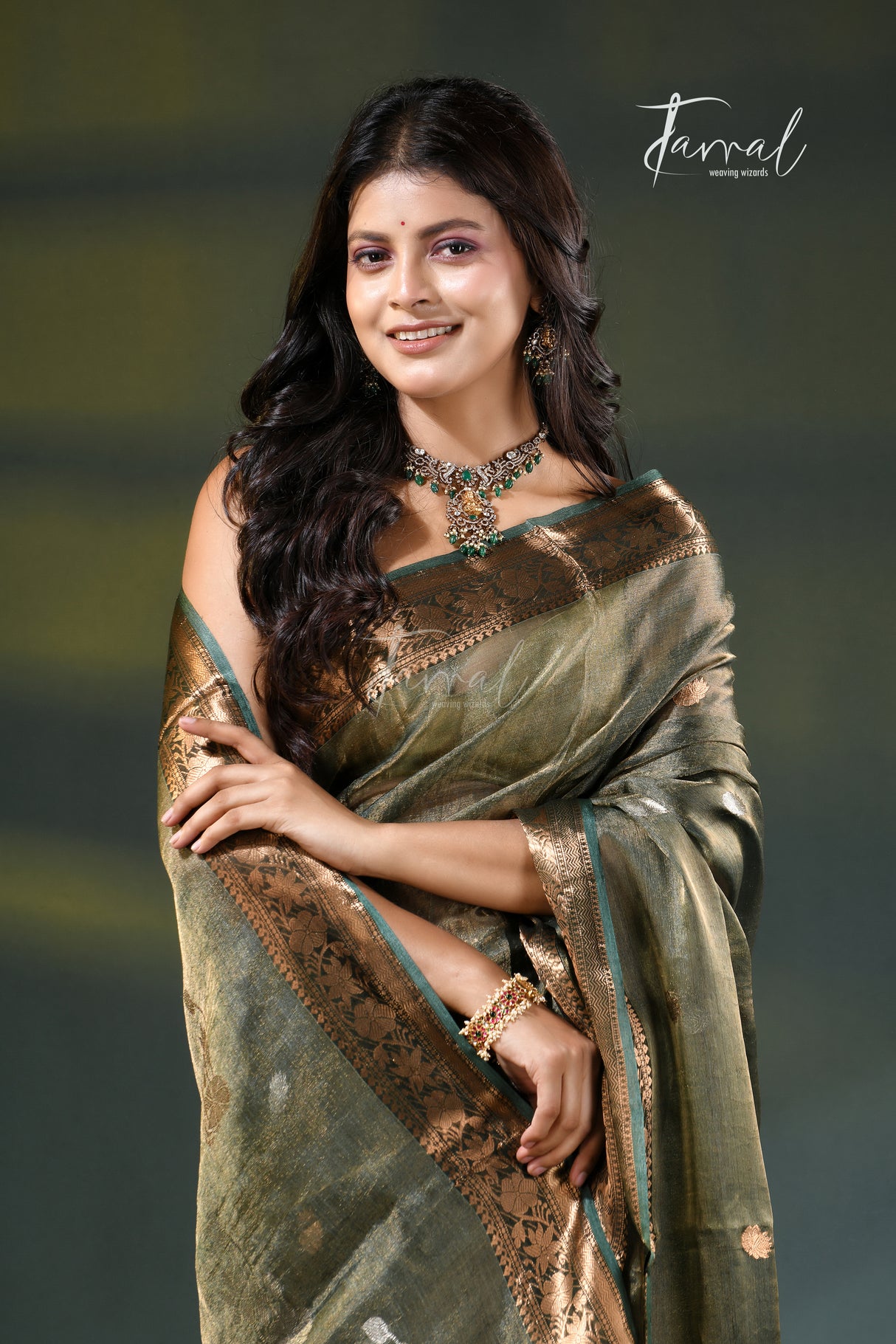 Alive green with golden zari border pure tissue muslin silk handloom jamdani saree