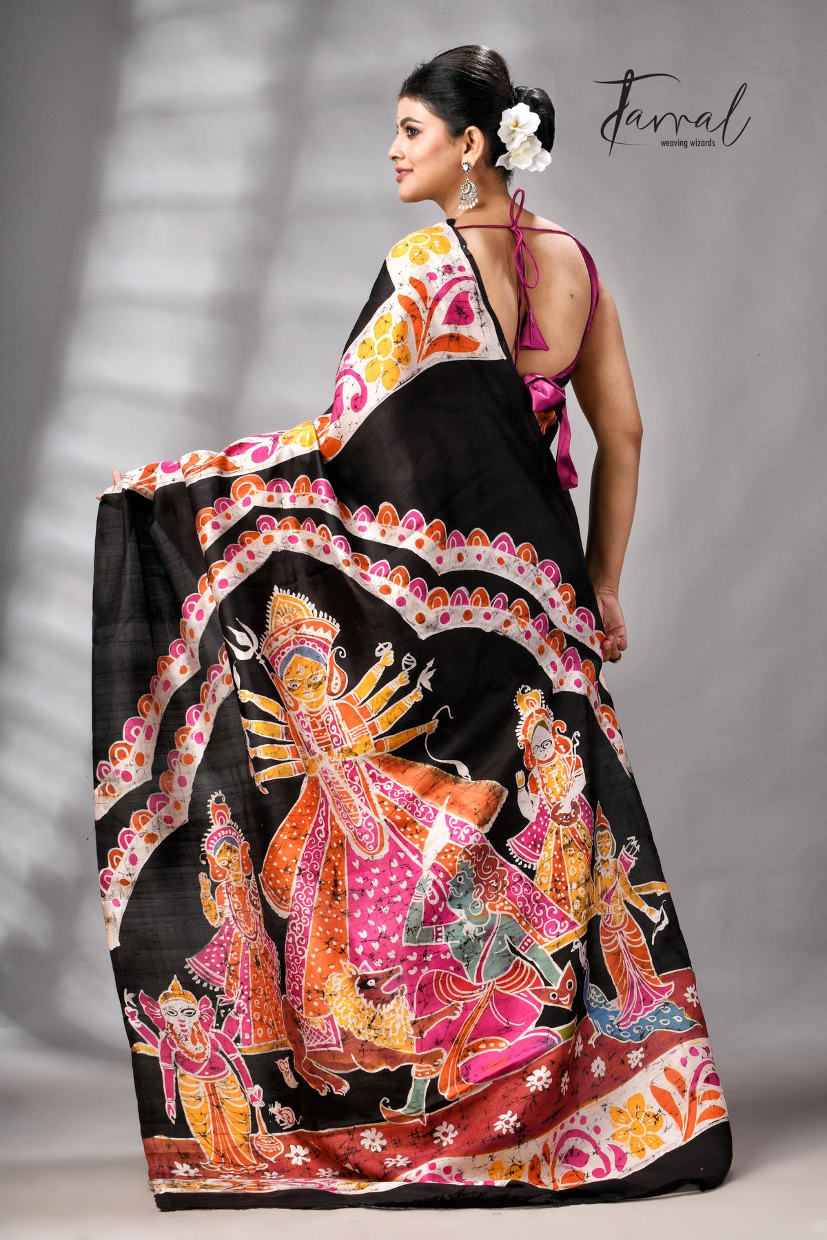 Black Handcrafted Wax Batik Maa Durga Theme Pure Silk Saree
