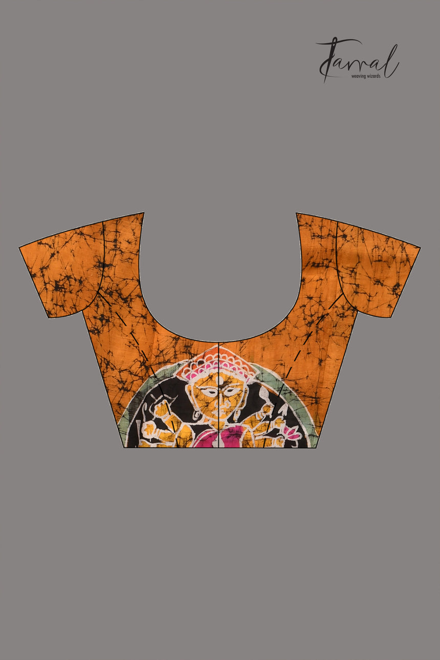 Back handcrafted wax batik Maa Durga them in pure silk saree